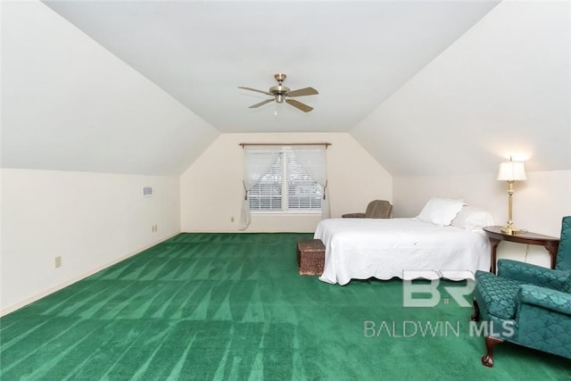 bedroom with carpet, vaulted ceiling, and ceiling fan