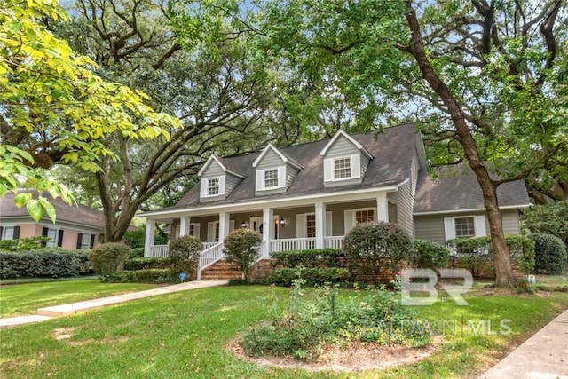 cape cod house featuring a front yard and covered porch