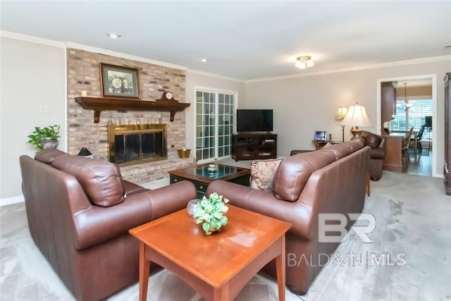 carpeted living room with crown molding and a brick fireplace