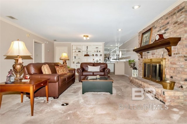 carpeted living room with a brick fireplace and ornamental molding