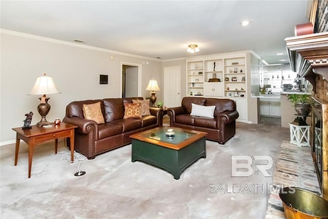 carpeted living room featuring built in features and crown molding