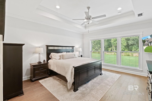 bedroom with multiple windows, light wood-type flooring, and a tray ceiling