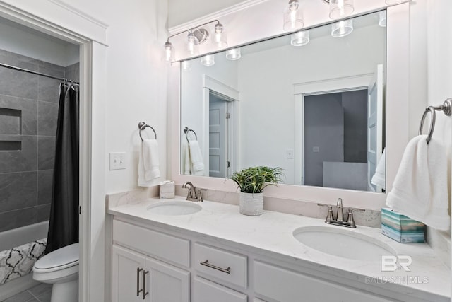 full bathroom with tile patterned floors, shower / tub combo, toilet, and dual bowl vanity