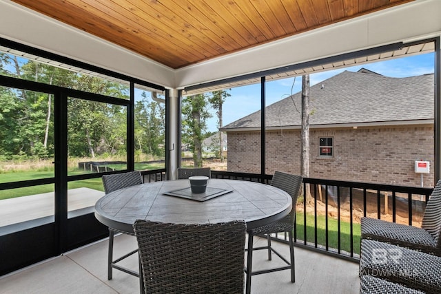 sunroom featuring wooden ceiling