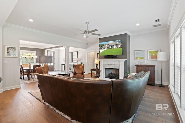 living room with crown molding, a fireplace, hardwood / wood-style flooring, and ceiling fan with notable chandelier