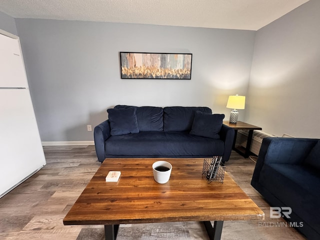 living area with a baseboard radiator, a textured ceiling, baseboards, and wood finished floors