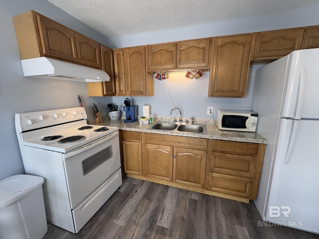 kitchen with dark hardwood / wood-style flooring, sink, a textured ceiling, and white appliances