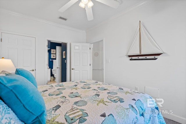 bedroom with connected bathroom, crown molding, and ceiling fan