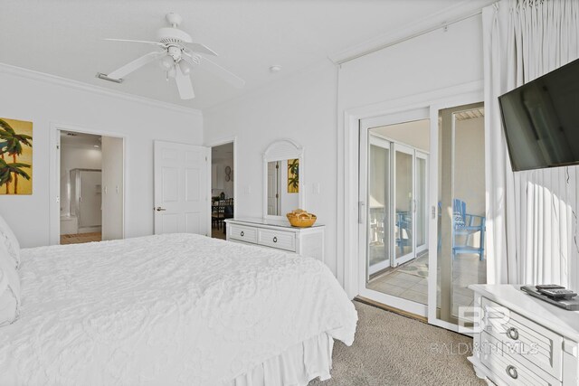 carpeted bedroom with ensuite bathroom, access to outside, ornamental molding, and ceiling fan