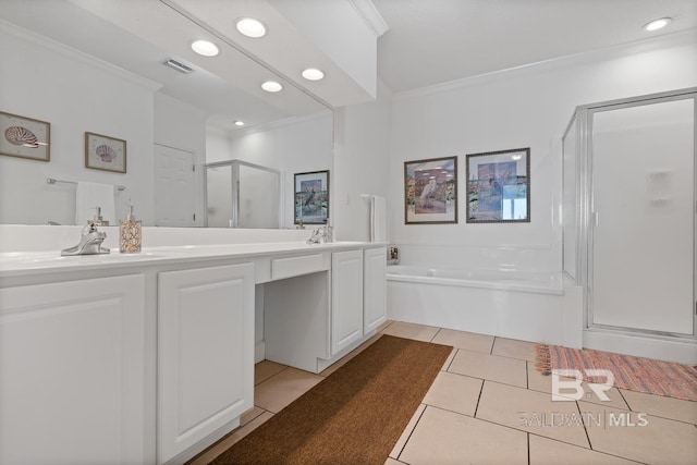 bathroom with tile floors, oversized vanity, and plus walk in shower