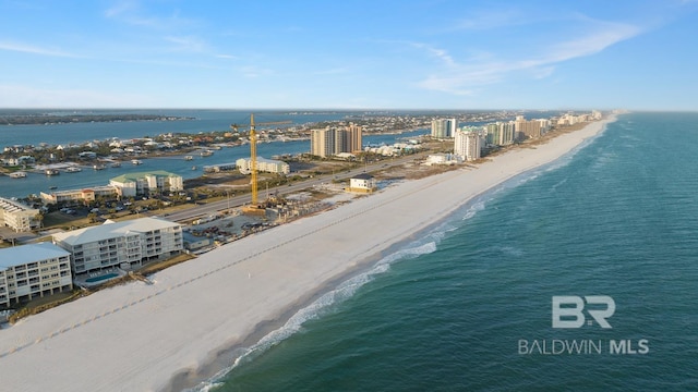 aerial view featuring a beach view and a water view