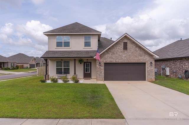 view of front facade featuring a garage, stucco siding, a porch, roof with shingles, and a front lawn