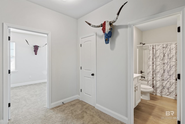 hallway featuring baseboards and light colored carpet