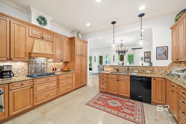 kitchen with sink, custom exhaust hood, light tile floors, and black appliances