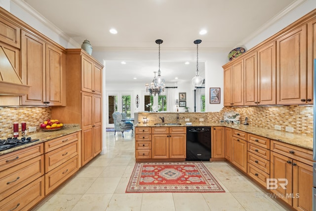 kitchen featuring light tile floors, backsplash, black appliances, ornamental molding, and kitchen peninsula