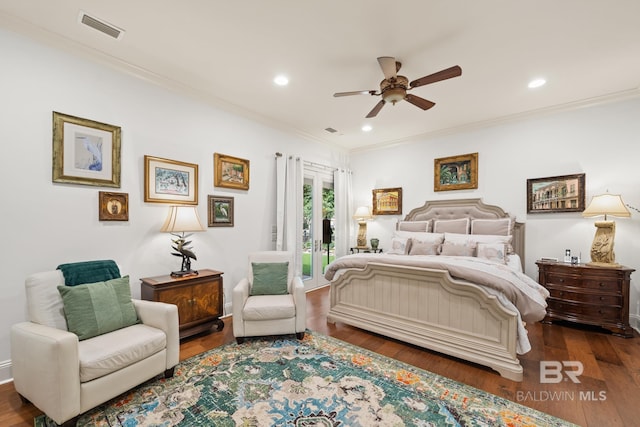 bedroom with ornamental molding, ceiling fan, access to exterior, and dark hardwood / wood-style floors