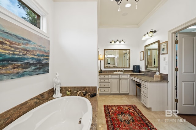 bathroom featuring ornamental molding, vanity, a bath, and tile flooring