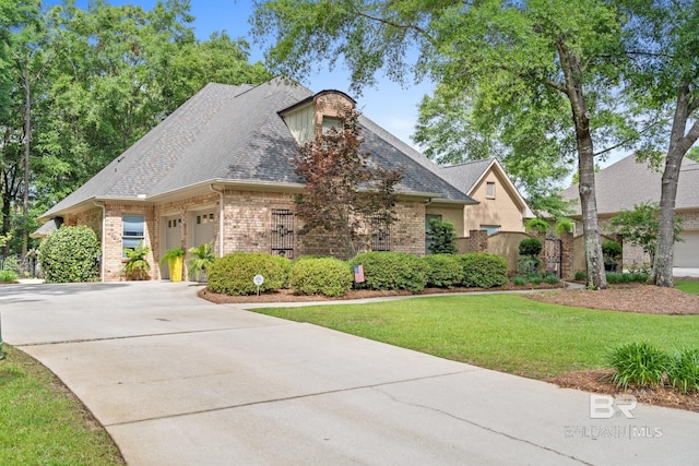 view of front of home with a front lawn and a garage