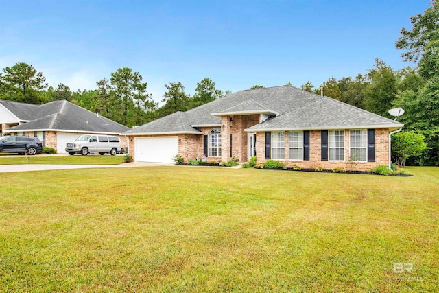 single story home with a front yard and a garage