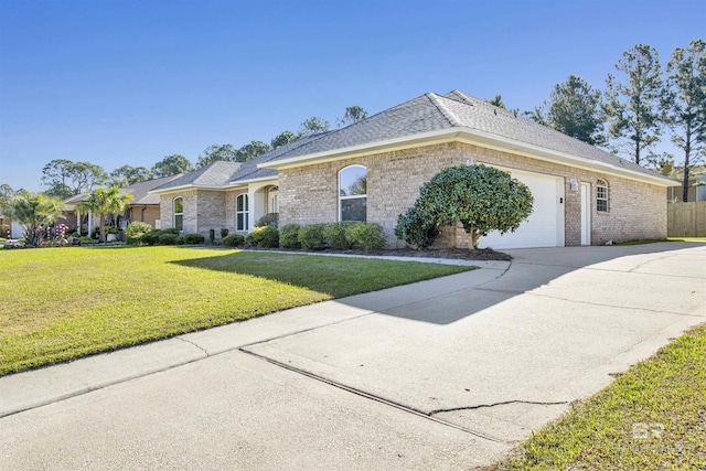 ranch-style home featuring a front lawn and a garage