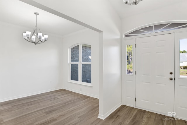 entryway featuring hardwood / wood-style flooring, a healthy amount of sunlight, and crown molding