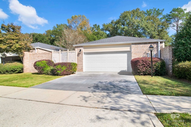 ranch-style home with a front yard and a garage