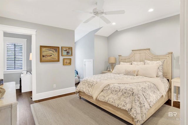 bedroom featuring ceiling fan, lofted ceiling, and dark hardwood / wood-style floors