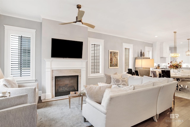 living room with a fireplace, ceiling fan with notable chandelier, wood-type flooring, and ornamental molding