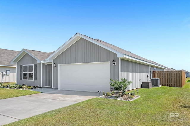 single story home featuring central AC, a garage, and a front yard