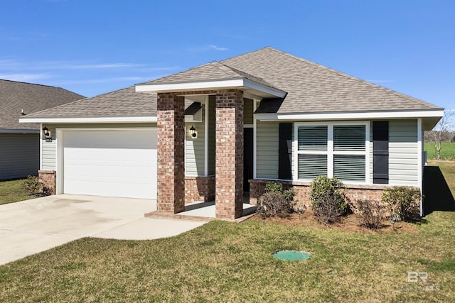 ranch-style house with an attached garage, a shingled roof, concrete driveway, and brick siding