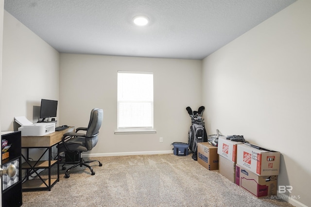 office space with carpet floors, baseboards, and a textured ceiling