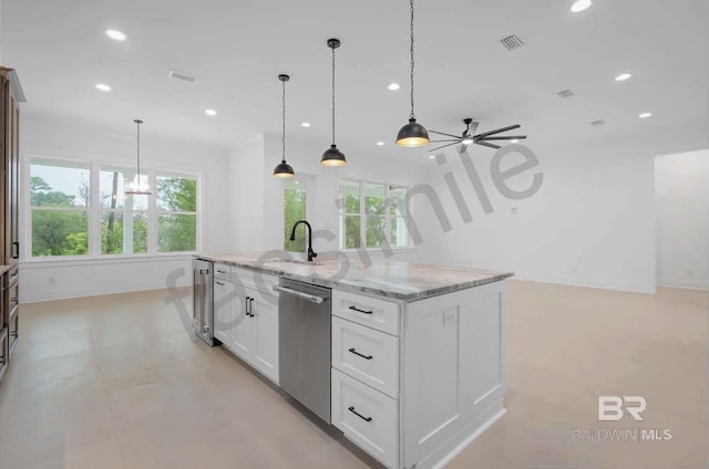 kitchen featuring hanging light fixtures, stainless steel dishwasher, ceiling fan, light stone countertops, and white cabinetry