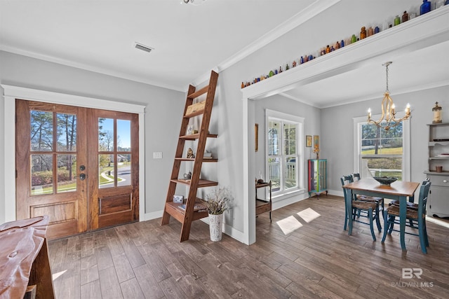 entryway featuring french doors, baseboards, dark wood-style flooring, and crown molding