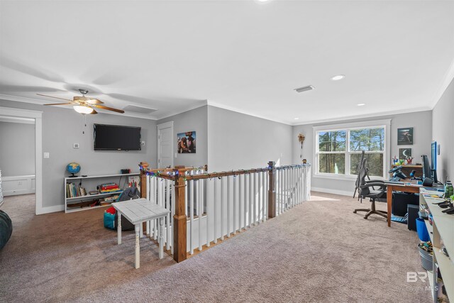 carpeted office with recessed lighting, visible vents, baseboards, and crown molding