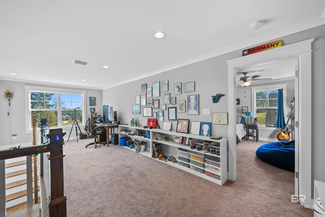 carpeted office featuring visible vents, recessed lighting, crown molding, and a ceiling fan