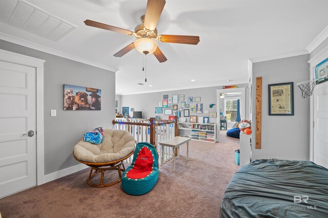 bedroom featuring visible vents, baseboards, carpet, and ornamental molding