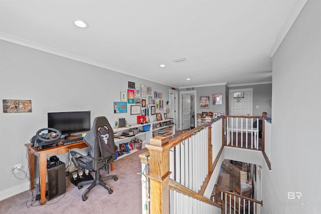 office with recessed lighting, ornamental molding, baseboards, and carpet floors