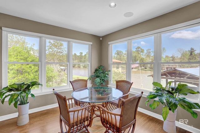 sunroom with a healthy amount of sunlight and a water view