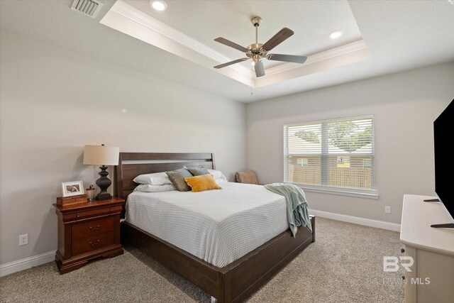 10487 Sand Dune Ave, Mobile, AL 36695 - bedroom featuring a raised ceiling, light colored carpet, ornamental molding, baseboards, and recessed lighting