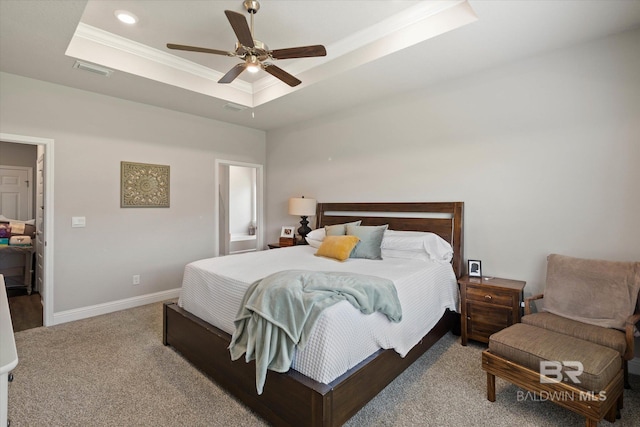 10487 Sand Dune Ave, Mobile, AL 36695 - carpeted bedroom featuring a raised ceiling, crown molding, baseboards, a ceiling fan, and recessed lighting