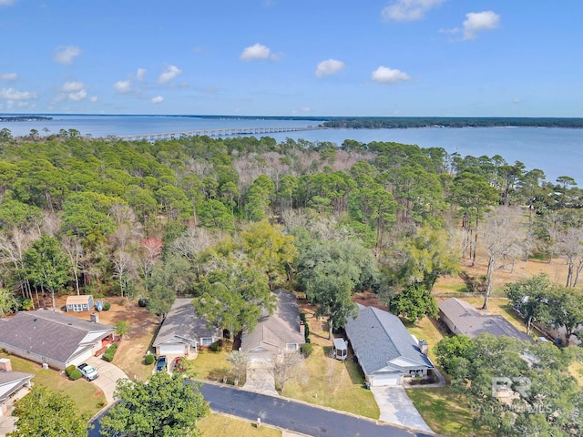 bird's eye view with a water view and a forest view