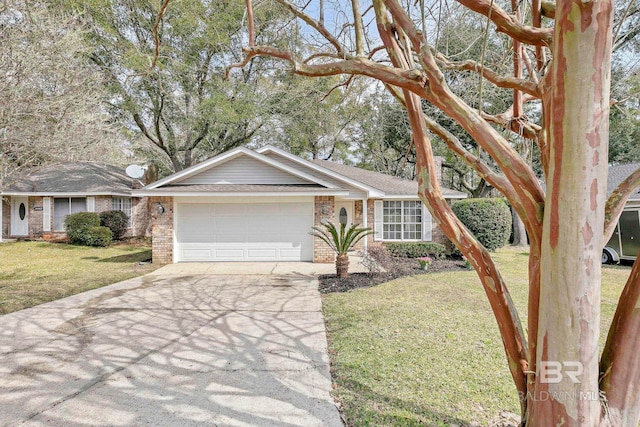 ranch-style house with an attached garage, brick siding, driveway, roof with shingles, and a front yard