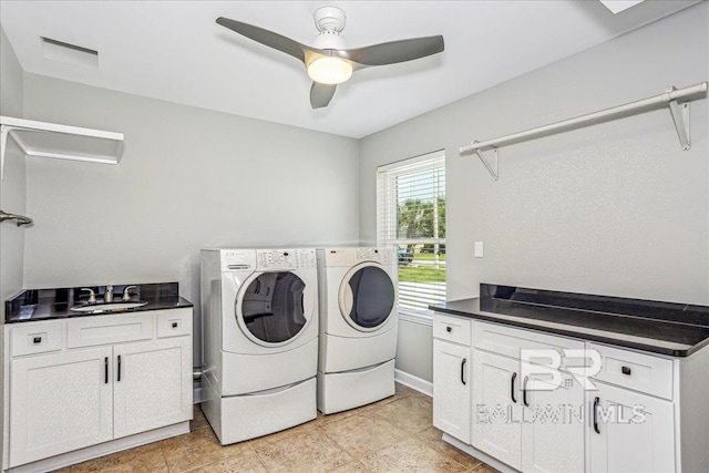 5553 Ponte Verde Rd, Pensacola, FL 32507 - washroom featuring independent washer and dryer, cabinet space, ceiling fan, a sink, and visible vents