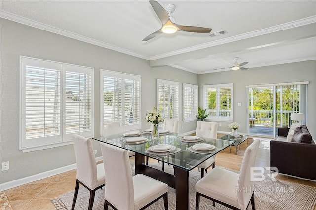 5553 Ponte Verde Rd, Pensacola, FL 32507 - dining space with baseboards, crown molding, ceiling fan, and visible vents