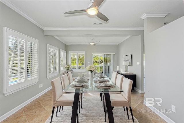 5553 Ponte Verde Rd, Pensacola, FL 32507 - dining room with crown molding, ceiling fan, visible vents, and light tile patterned floors