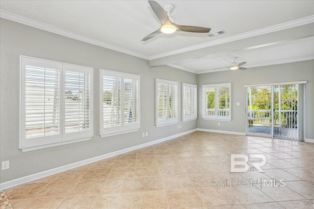 5553 Ponte Verde Rd, Pensacola, FL 32507 - tiled spare room featuring ceiling fan, visible vents, ornamental molding, and baseboards