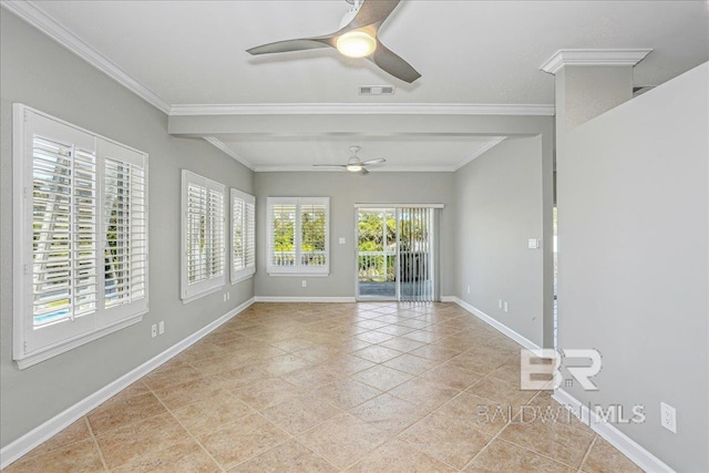 5553 Ponte Verde Rd, Pensacola, FL 32507 - unfurnished room with crown molding, ceiling fan, visible vents, and baseboards