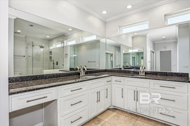 5553 Ponte Verde Rd, Pensacola, FL 32507 - full bathroom featuring crown molding, plenty of natural light, a shower stall, and a sink