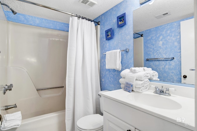 24522 Perdido Beach Blvd Unit 4909, Orange Beach, AL 36561 - full bathroom with a textured ceiling, shower / bath combo, vanity, and wallpapered walls