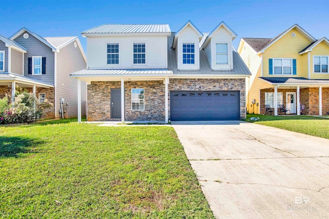 view of front facade featuring a front yard and a garage